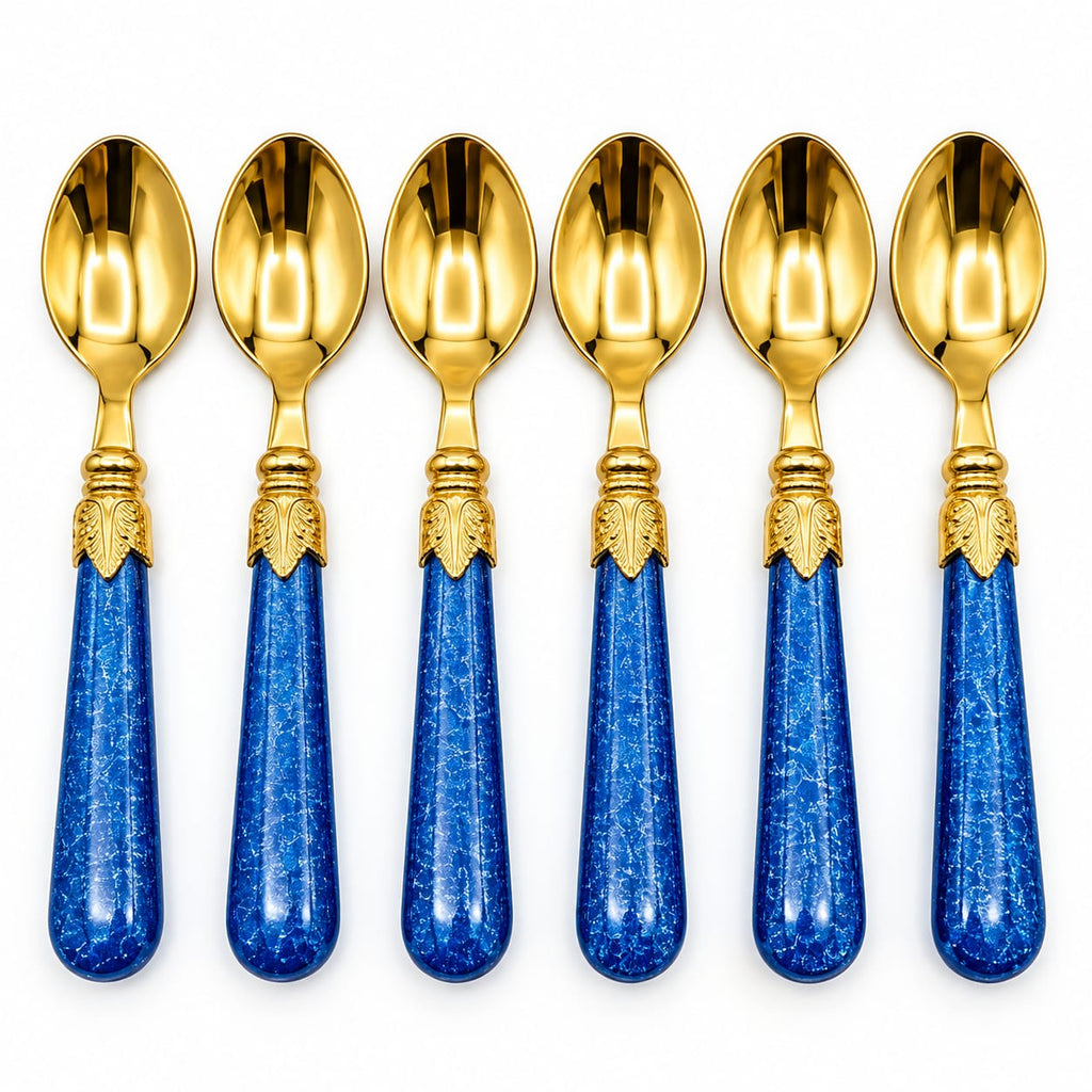 Premium Royal Gold Serving Spoon with Deep Blue Glitter Handle & Gold Filigree Work