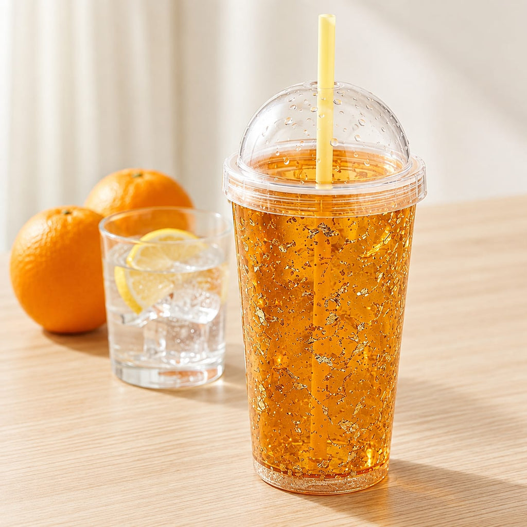 Golden Glitter Double-Wall Tumbler with Straw & Dome Lid