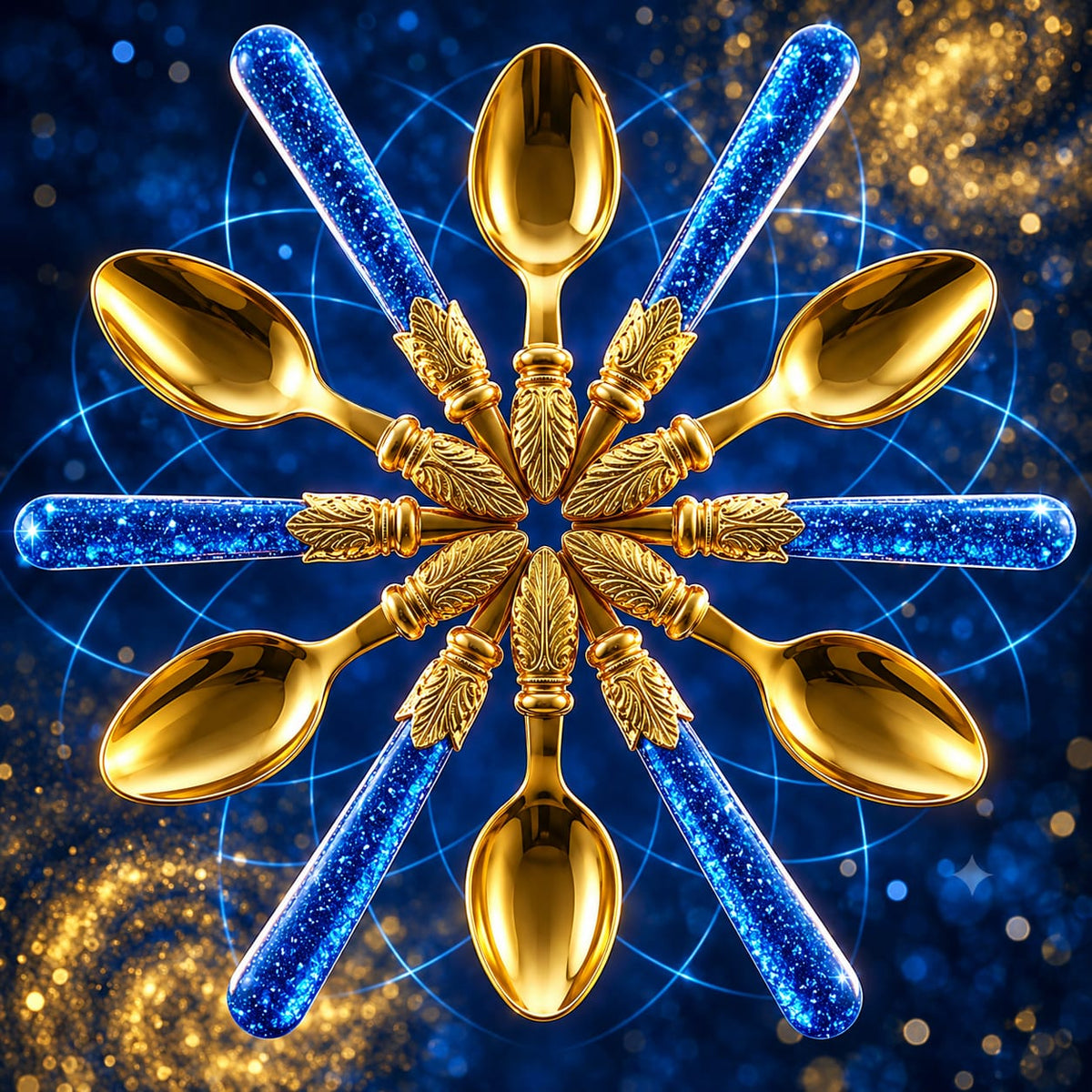 Premium Royal Gold Serving Spoon with Deep Blue Glitter Handle & Gold Filigree Work