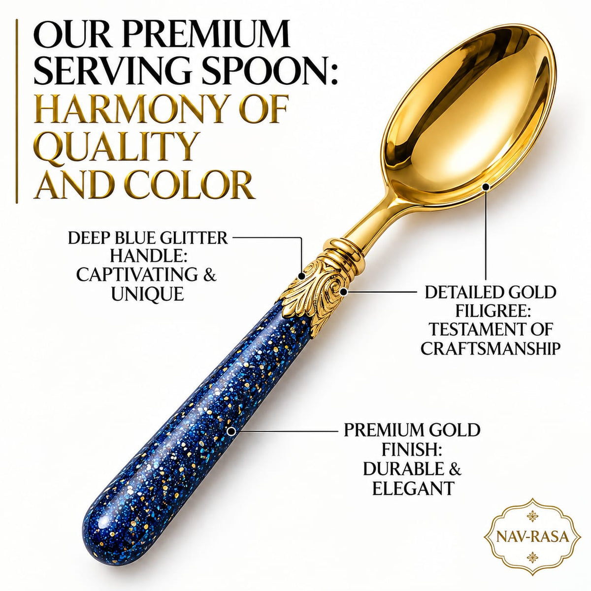 Premium Royal Gold Serving Spoon with Deep Blue Glitter Handle & Gold Filigree Work
