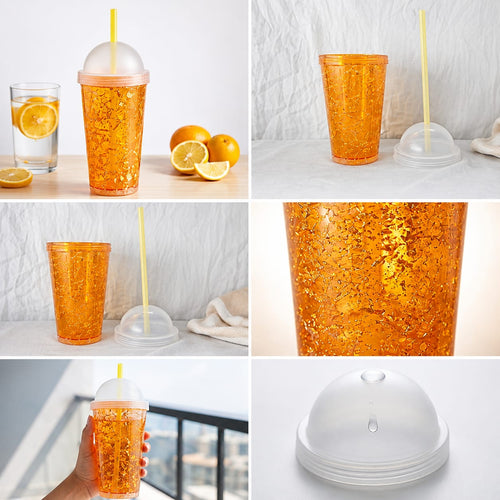 Golden Glitter Double-Wall Tumbler with Straw & Dome Lid