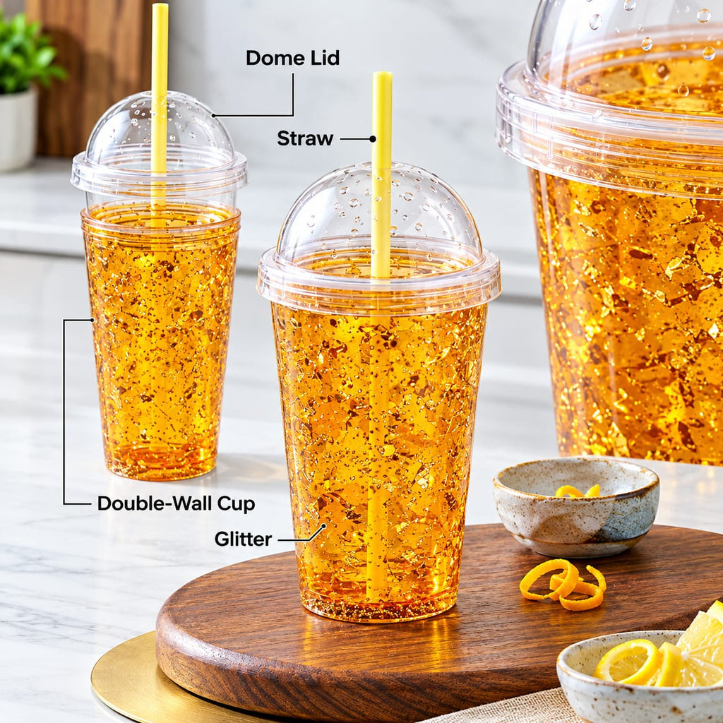 Golden Glitter Double-Wall Tumbler with Straw & Dome Lid